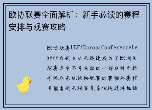 欧协联赛全面解析：新手必读的赛程安排与观赛攻略